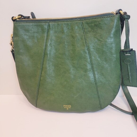 Vtg Fossil Emerald Green Leather Shoulder Hobo Purse Bag Zip Expand READ - Picture 1 of 9